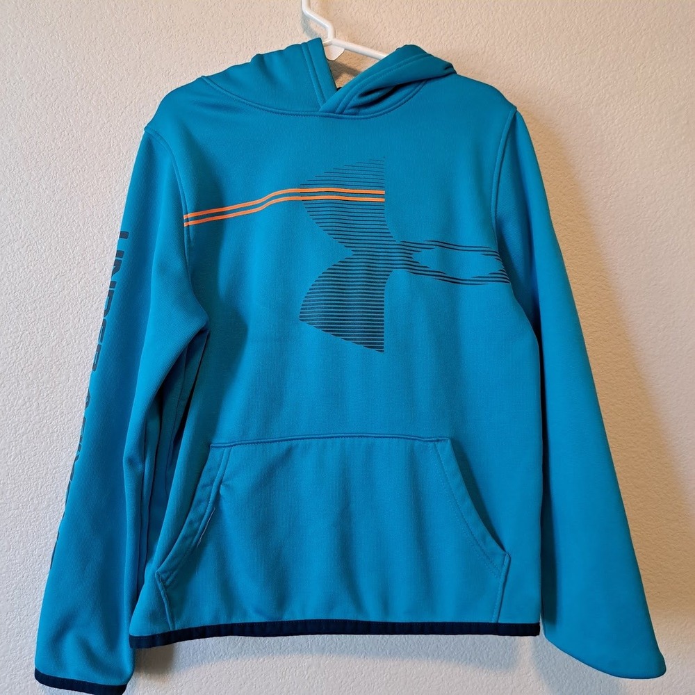 Under Armour Boys Blue Graphic Logo Fleece Pullover Hoodie Teal Orange Size M‎